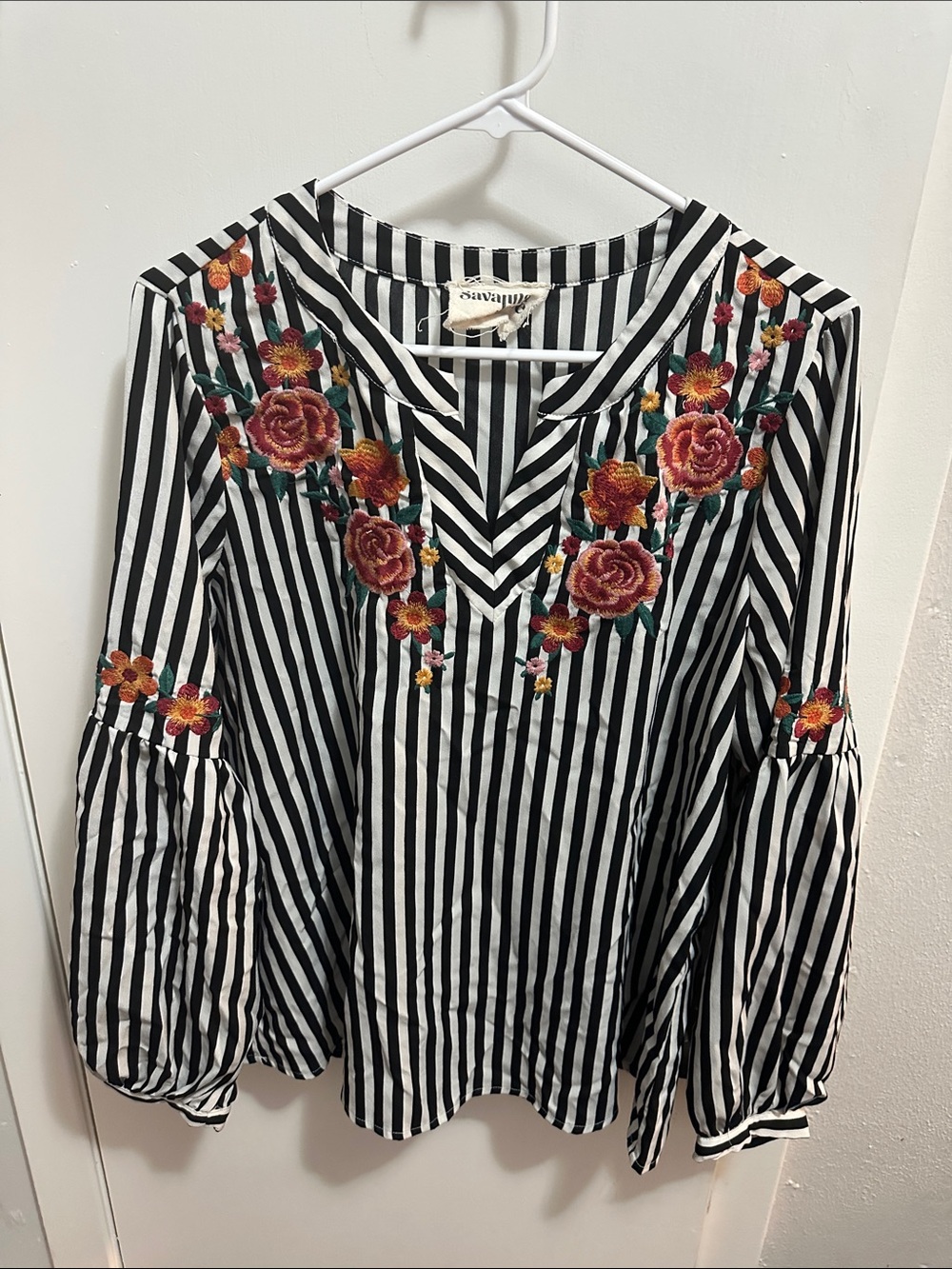Savannah Black & White Striped V-Neck Tunic with Rose Embroidery